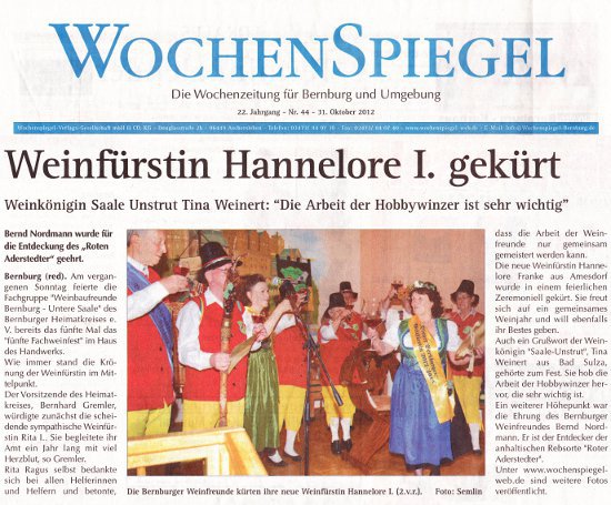 Pressebeitrag Wochenspiegel 'Weinf&uuml;rstin Hannelore I. gek&uuml;rt'